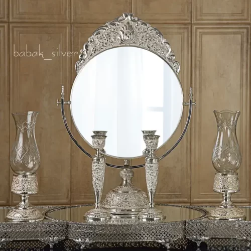مجموعه نفیس آینه و شمعدان لاله نقره گل برجسته اصفهان